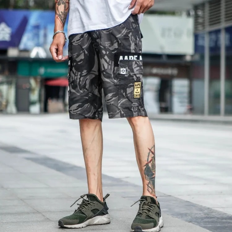 2022ss spring and fashion brand AAPE ape head military workwear embroidered multi-pocket camouflage men's casual shorts street cloth pants five-quarter streetwear outfit product