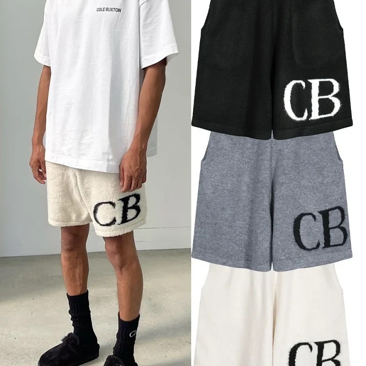 CB minimalist letter logo jacquard wool drawstring shorts men's loose casual knitted pants trendy streetwear outfit product