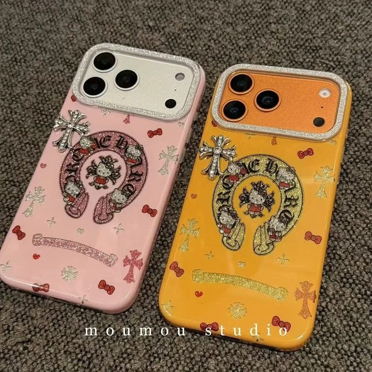 Chrome Hearts Trendy cool cartoon glitter powder Crow heart cat suitable for i Phone17promax Apple 16 mobile phone case 15 new style 14 streetwear outfit product