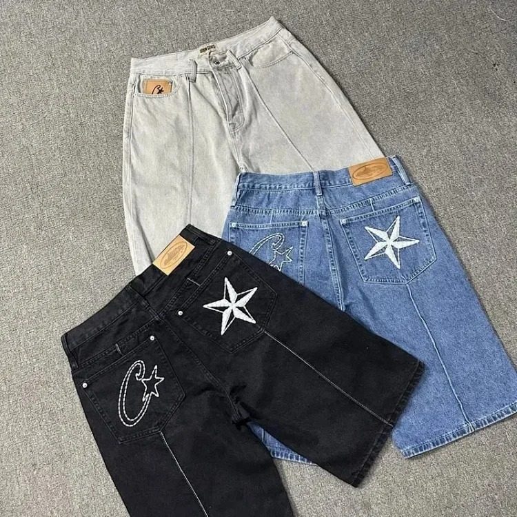Corteiz Alcatraz jeans star embroidered jacket high street retro distressed shorts five-quarter pants trendy streetwear outfit product