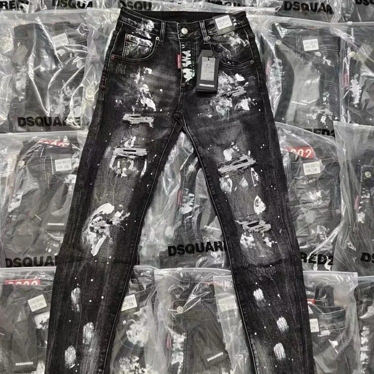 Dsquared2 D2 knife cut splash ink ripped jeans men's black light luxury straight slim trousers streetwear outfit product