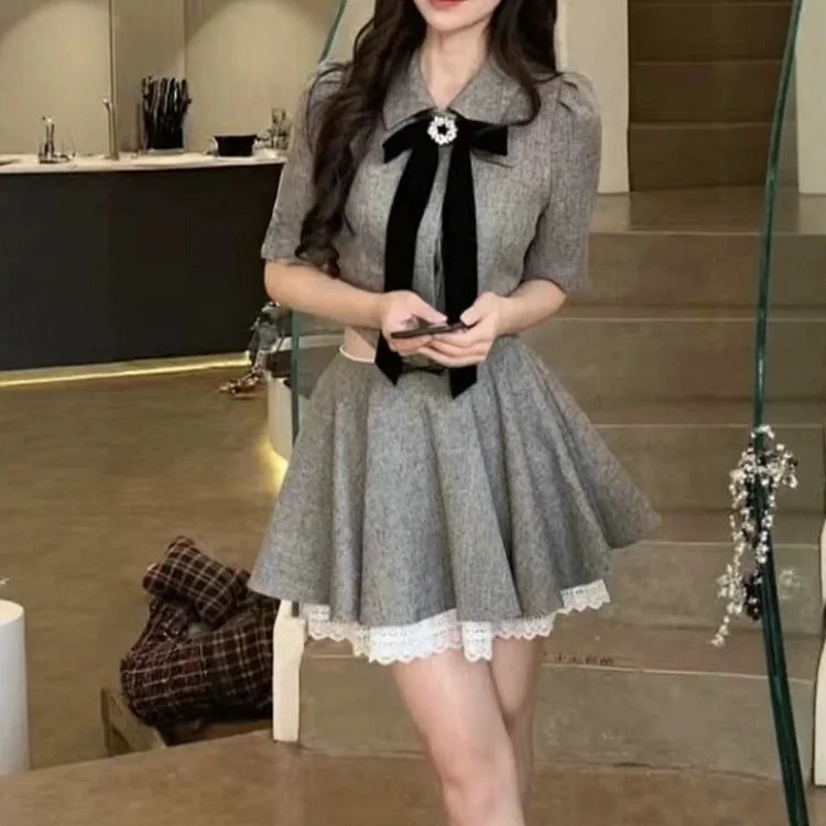 Gray tone ladylike style bow suit for women summer puff sleeve short top high waist lace skirt streetwear outfit product
