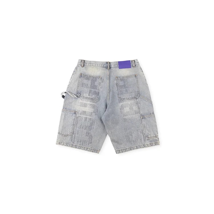 Rhinestone-studded letter print casual washed denim shorts streetwear outfit product