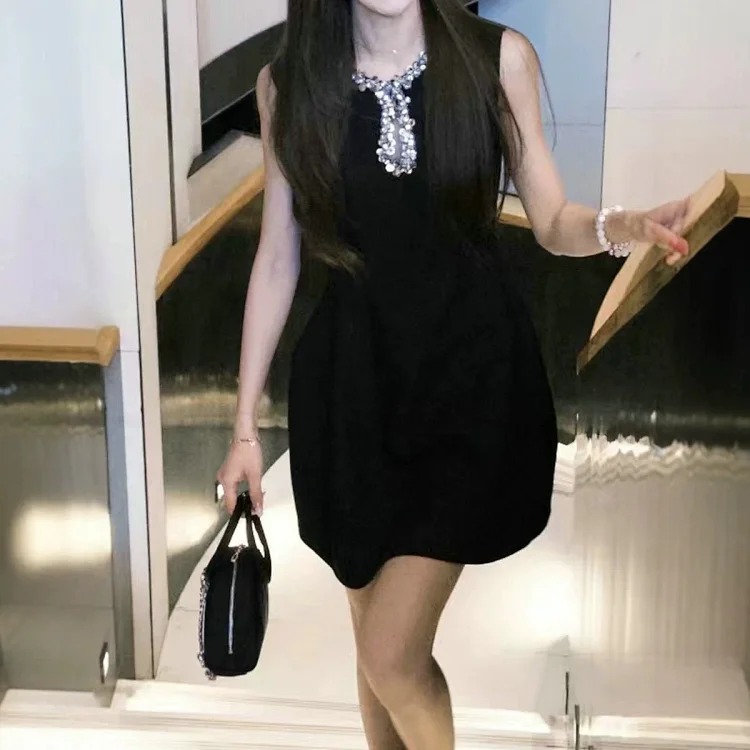 Solid Color Sleeveless Dress Women's Fashionable Lady Heavy Industry Neck Design Waist Slimming A-Line Skirt streetwear outfit product