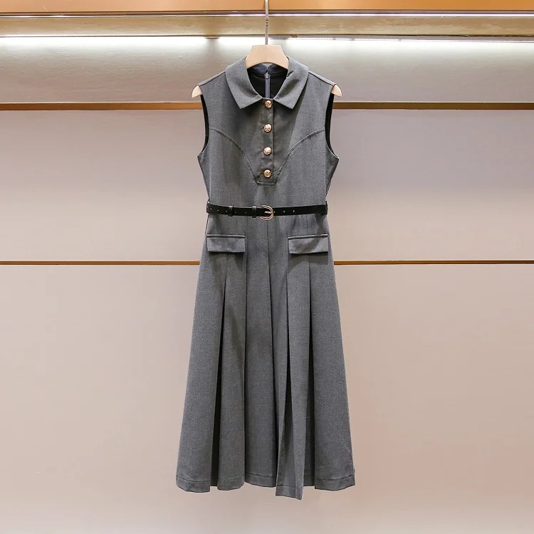 SP's new summer style French casual style celebrity lapel A-line waist slimming long vest pleated dress streetwear outfit product
