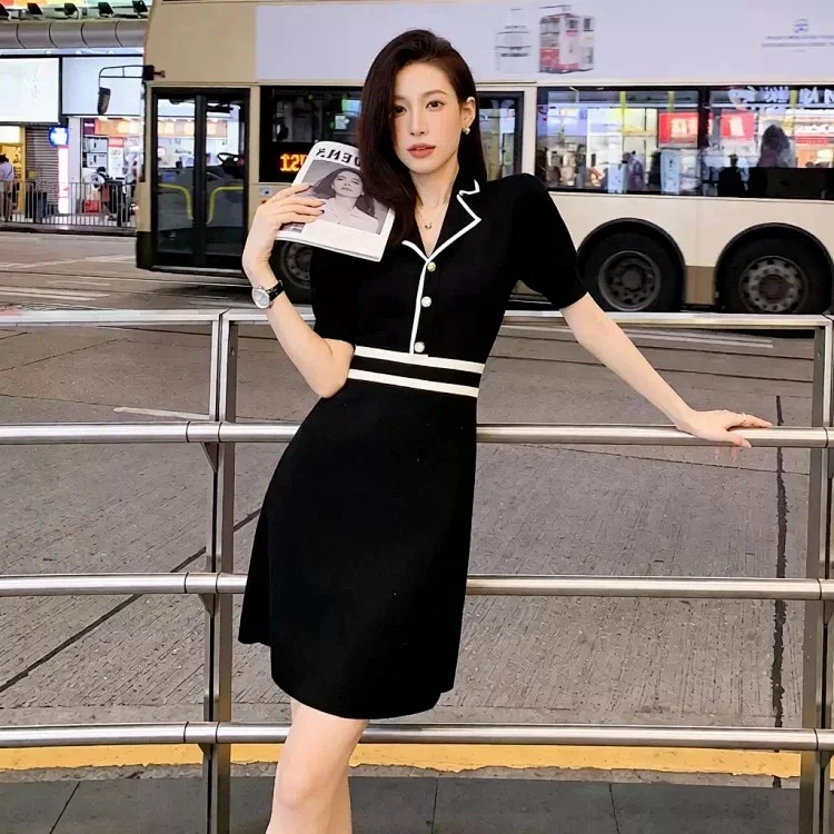 Summer Ice Silk Knitted Dress Women's French Style Socialite Small Fragrance Style Waist Slimming Short Sleeve A-Line Little Black Dress streetwear outfit product