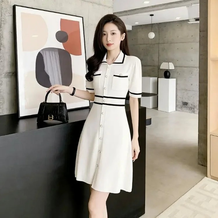 Temperament white lapel short-sleeved slim high-waisted A-line skirt small fragrant ice silk knitted dress for women streetwear outfit product