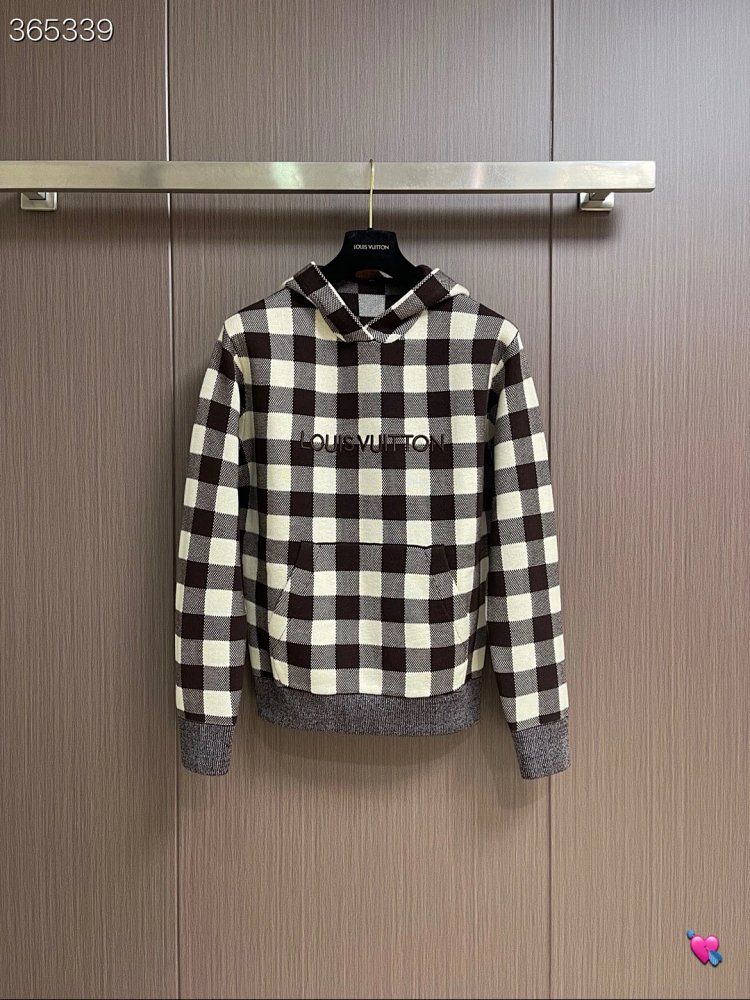 Louis Vuitton2026 New Men's Fashion Casual Letter Embroidery Color blocked Grid Knitted Hoodie