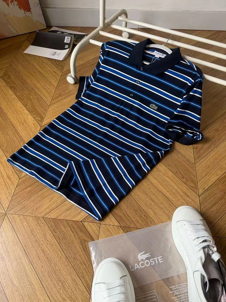 LACOSTE Summer minimalist business casual striped lapel pearl cotton polo shirt retro embroidered pu