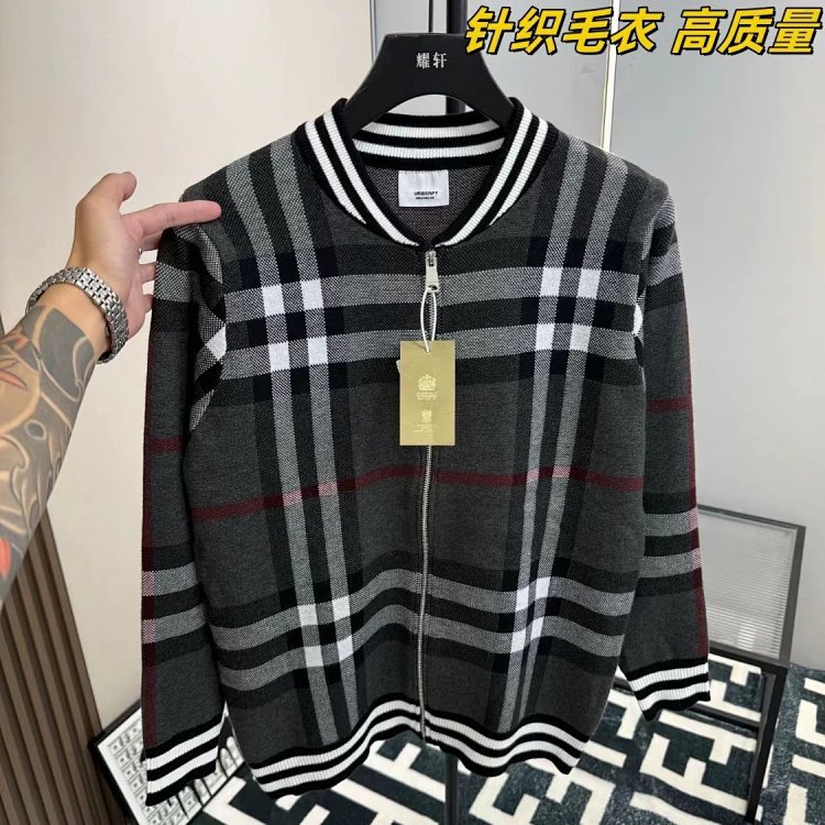 Burberry Knitted Sweater Splicing Checkered Cardigan Light Luxury Jacket Men's Trendy Brand | Outfitreps Spreadsheet