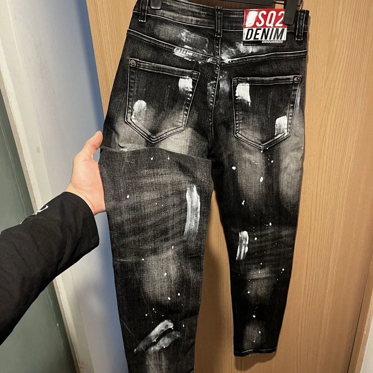 DSQUARED2 Knife cut ink ripped denim pants men's black light luxury straight leg slim fit pants | Outfitreps Spreadsheet
