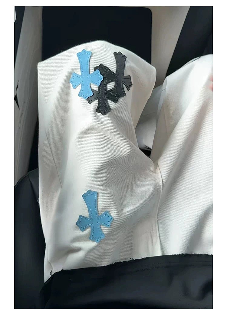 Chrome Hearts White Luxury Jeans Classic Leather Cross Men's and Women's Loose Straight Pants | Outfitreps Spreadsheet
