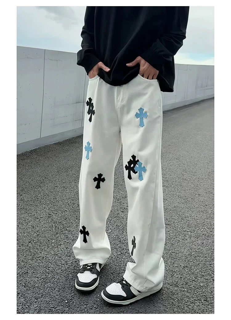 Chrome Hearts White Luxury Jeans Classic Leather Cross Men's and Women's Loose Straight Pants | Outfitreps Spreadsheet