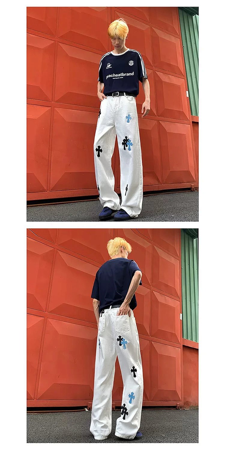 Chrome Hearts White Luxury Jeans Classic Leather Cross Men's and Women's Loose Straight Pants | Outfitreps Spreadsheet