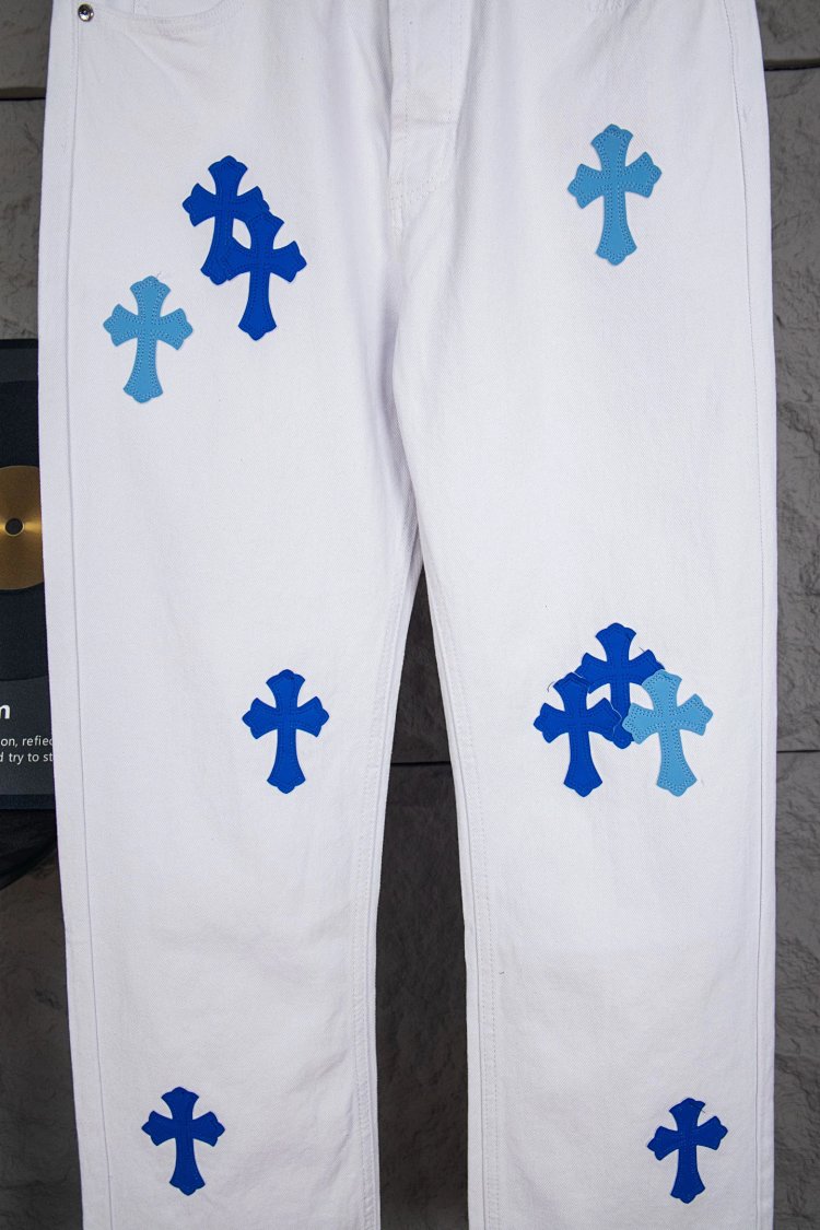 Chrome Hearts Cross white blue label leather jeans pants | Outfitreps Spreadsheet