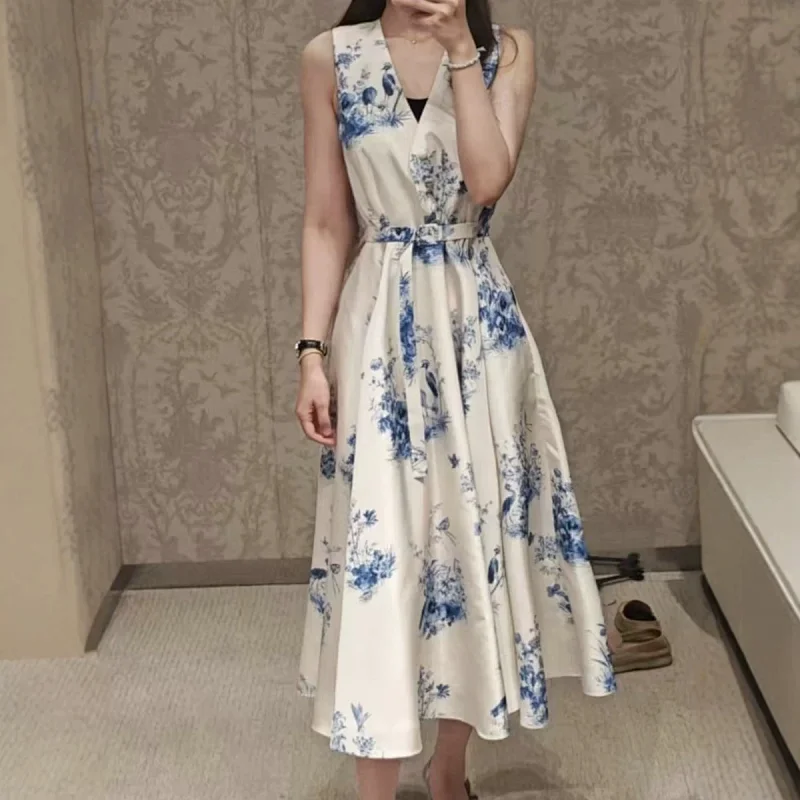 skirt  Seaside vacation blue and white printed long skirt