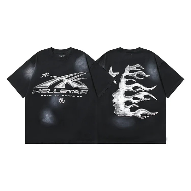 Hellstar T-shirt alien glasses kids print washed black short-sleeved T-shirt