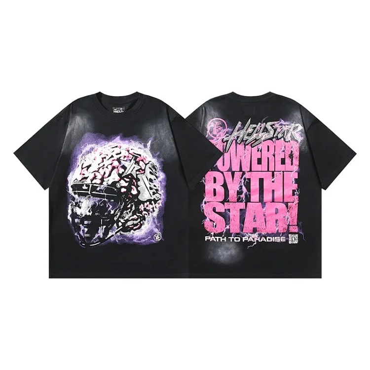 Hellstar T-shirt alien glasses kids print washed black short-sleeved T-shirt