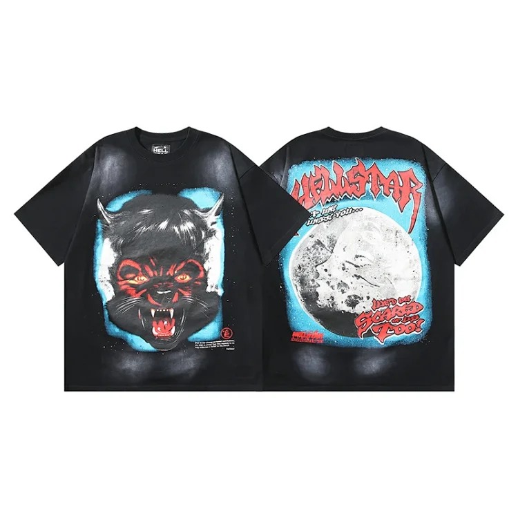 Hellstar T-shirt alien glasses kids print washed black short-sleeved T-shirt