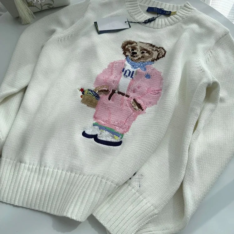 Ralph Lauren bear heavy industry embroidered cartoon round neck knitted sweater for women