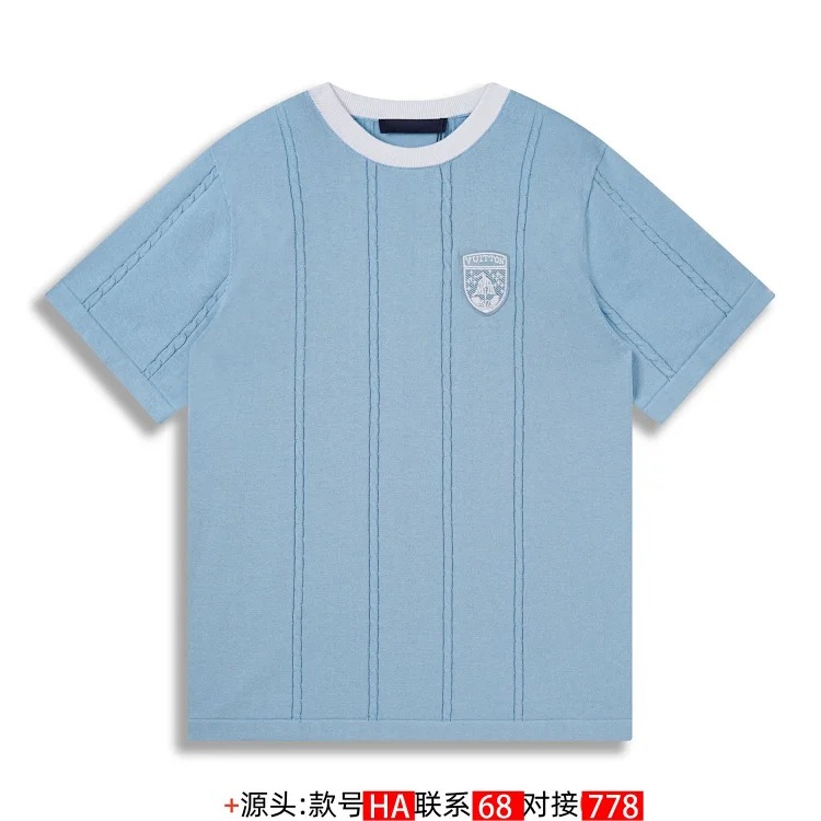 Contrast color jacquard intarsia knitted sweater short-sleeved top for men and women