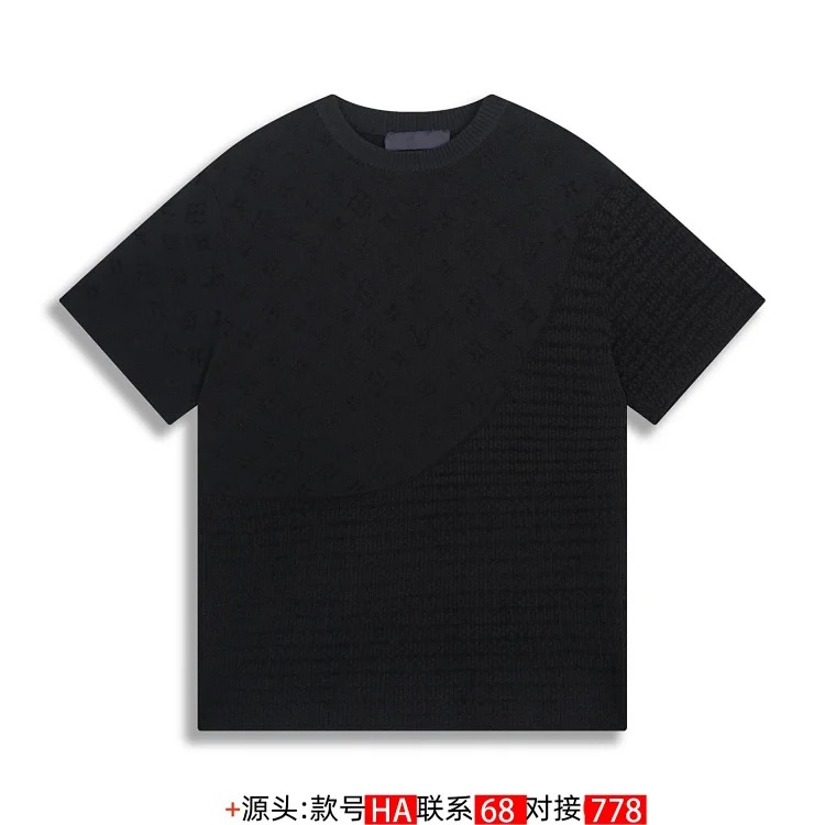 Contrast color jacquard intarsia knitted sweater short-sleeved top for men and women