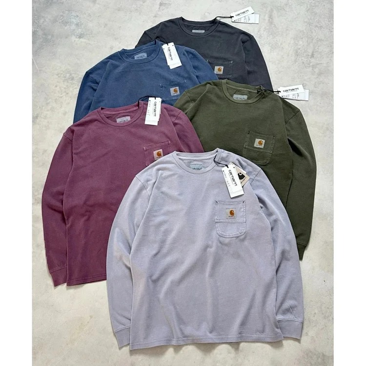 Classic retro sewing pockets classic square mark washed long-sleeved T-shirt base layer