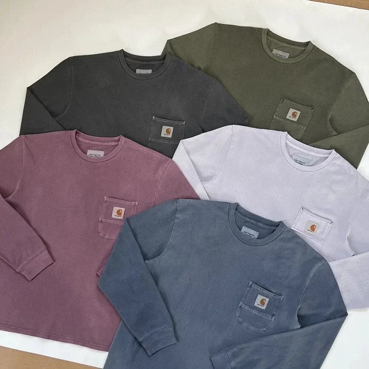 Classic retro sewing pockets classic square mark washed long-sleeved T-shirt base layer