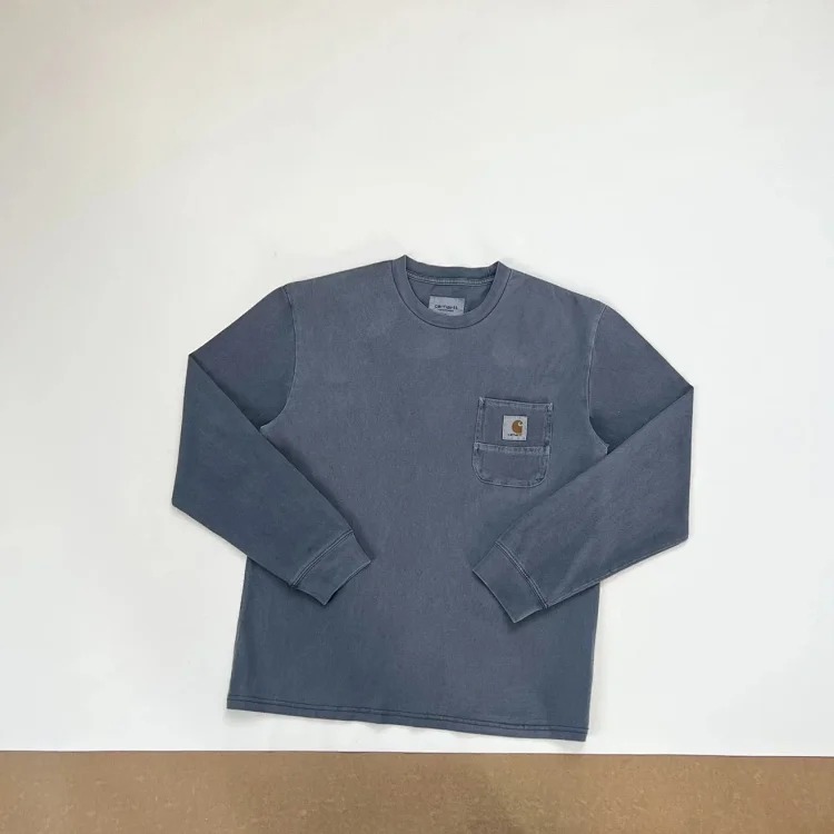 Classic retro sewing pockets classic square mark washed long-sleeved T-shirt base layer