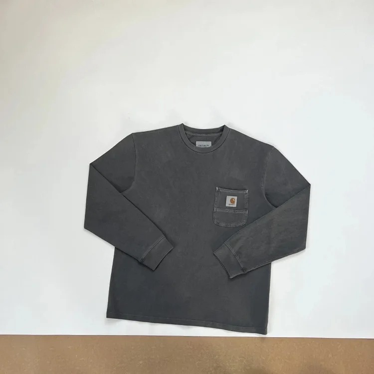 Classic retro sewing pockets classic square mark washed long-sleeved T-shirt base layer