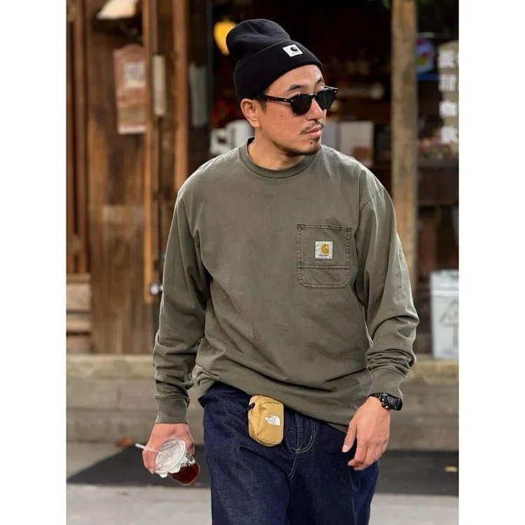 Classic retro sewing pockets classic square mark washed long-sleeved T-shirt base layer