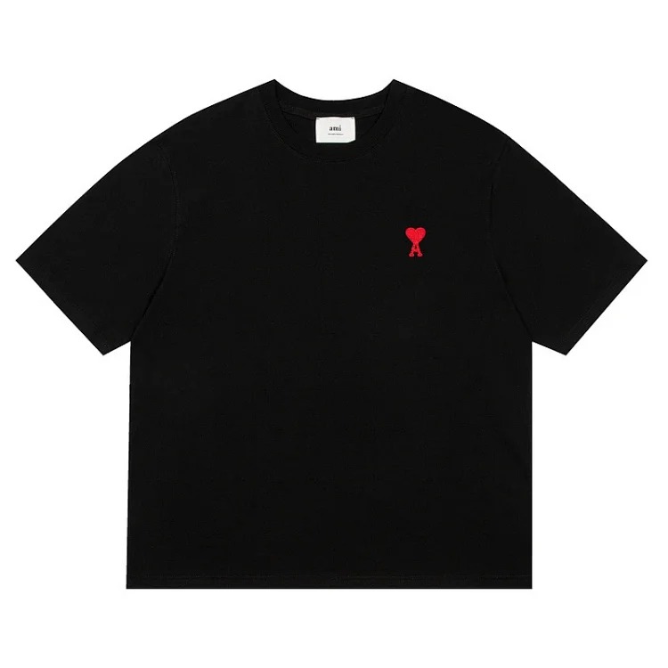Love short-sleeved T-shirt embroidered with red hearts