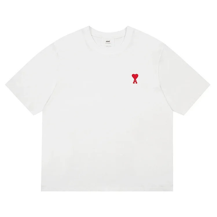 Love short-sleeved T-shirt embroidered with red hearts