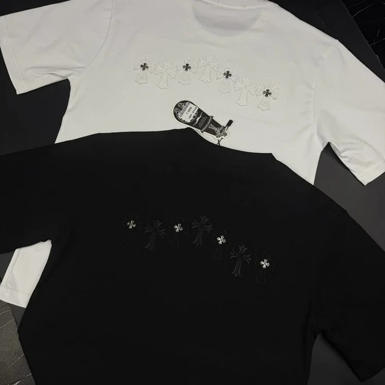 High of black and white, back label, metal cross, leather stitching, contrasting color heavyweight T-shirt short sleeves