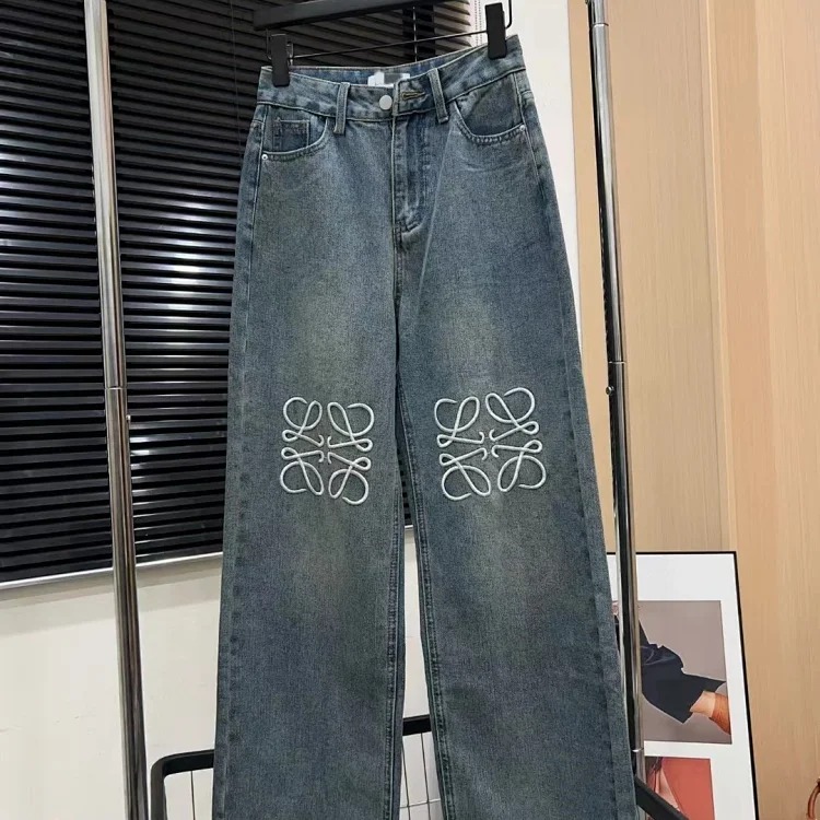 Embroidered wide-leg casual loose straight denim trousers