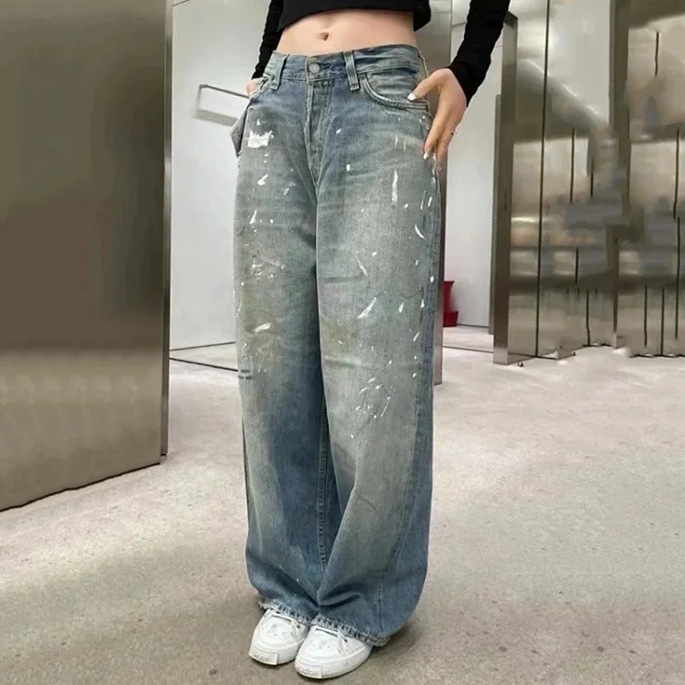 AC hand-painted splashed ink frayed washed distressed trousers for men and women loose and versatile light luxury wide-leg jeans