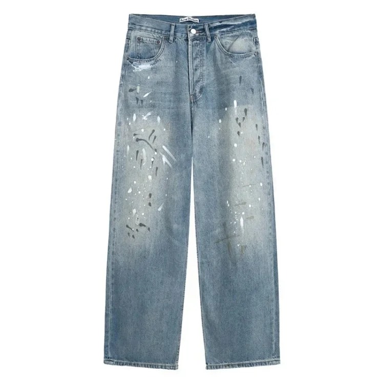 AC hand-painted splashed ink frayed washed distressed trousers for men and women loose and versatile light luxury wide-leg jeans