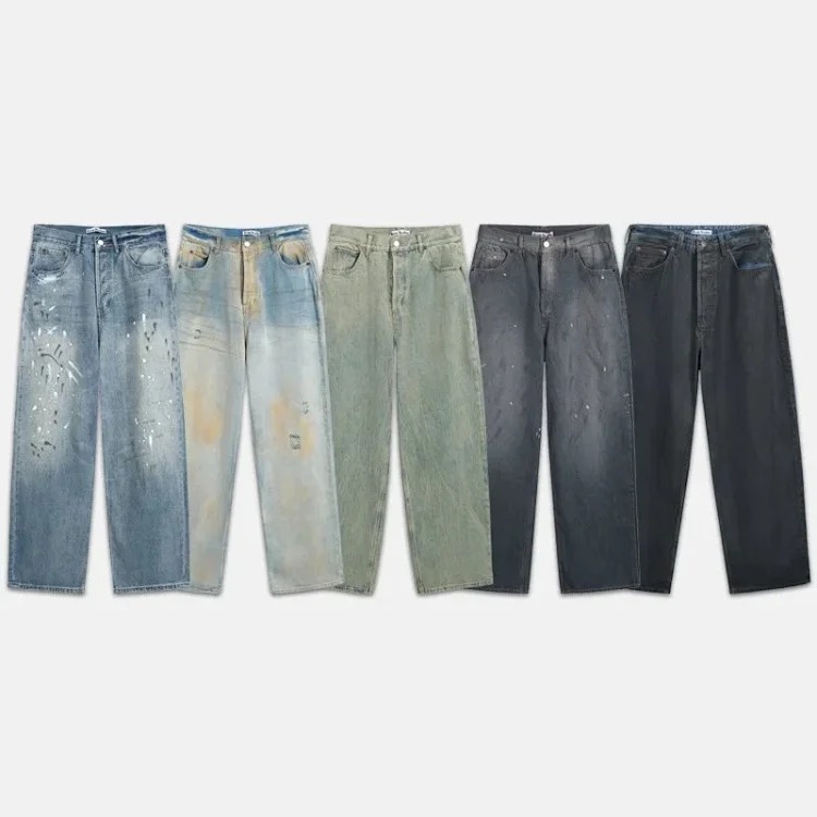 AC hand-painted splashed ink frayed washed distressed trousers for men and women loose and versatile light luxury wide-leg jeans
