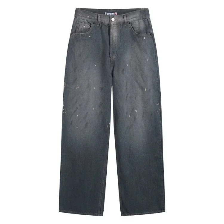 AC hand-painted splashed ink frayed washed distressed trousers for men and women loose and versatile light luxury wide-leg jeans