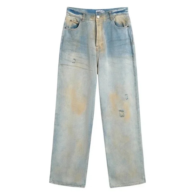 AC hand-painted splashed ink frayed washed distressed trousers for men and women loose and versatile light luxury wide-leg jeans