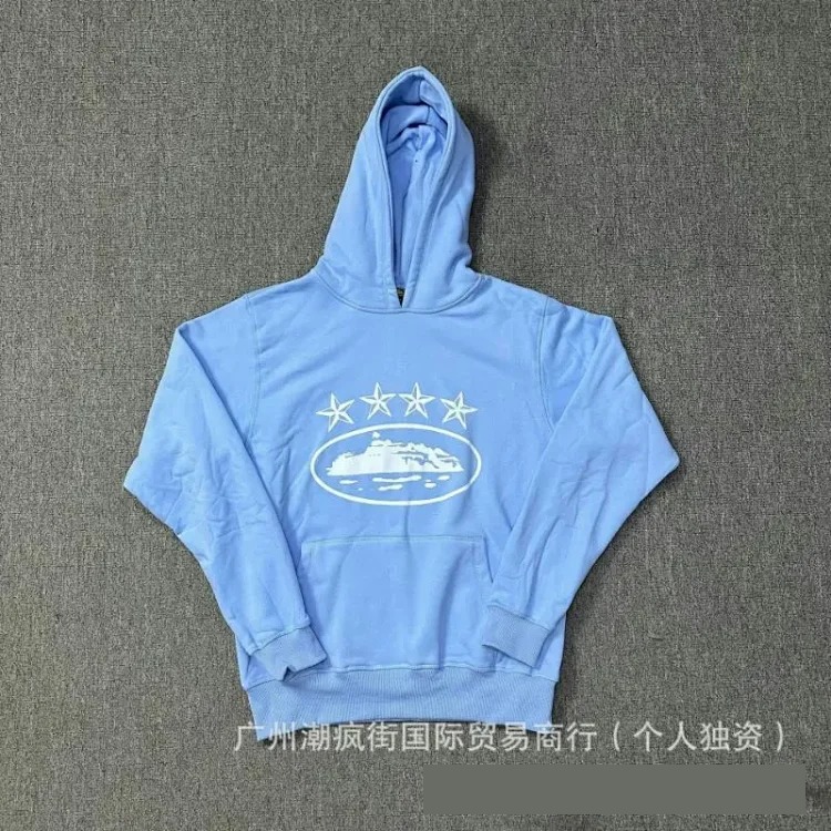 Corteiz classic series ship print logo thin velvet Alcatraz hooded sweatshirt trendy men's and women's casual sweatpants