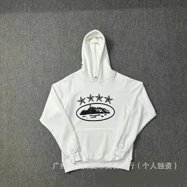 Corteiz classic series ship print logo thin velvet Alcatraz hooded sweatshirt trendy men's and women's casual sweatpants