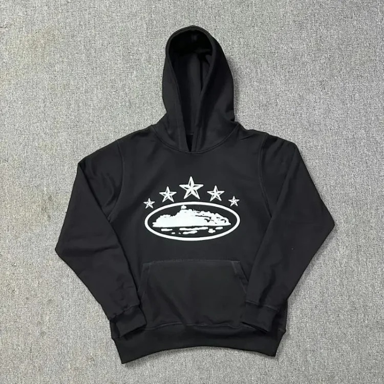 Corteiz classic series ship print logo thin velvet Alcatraz hooded sweatshirt trendy men's and women's casual sweatpants