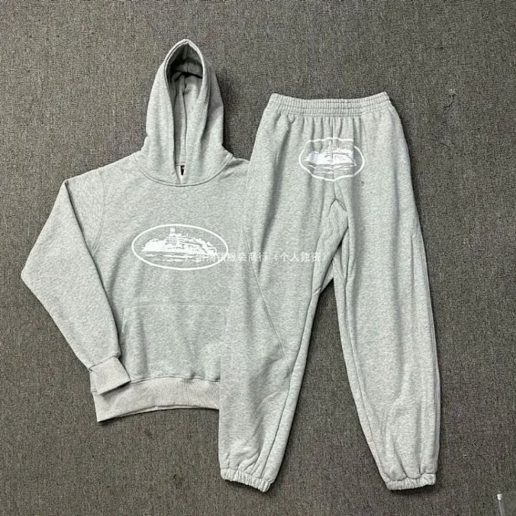 Corteiz classic series ship print logo thin velvet Alcatraz hooded sweatshirt trendy men's and women's casual sweatpants