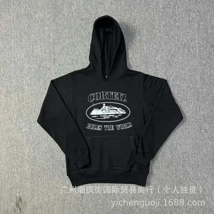 Corteiz classic series ship print logo thin velvet Alcatraz hooded sweatshirt trendy men's and women's casual sweatpants