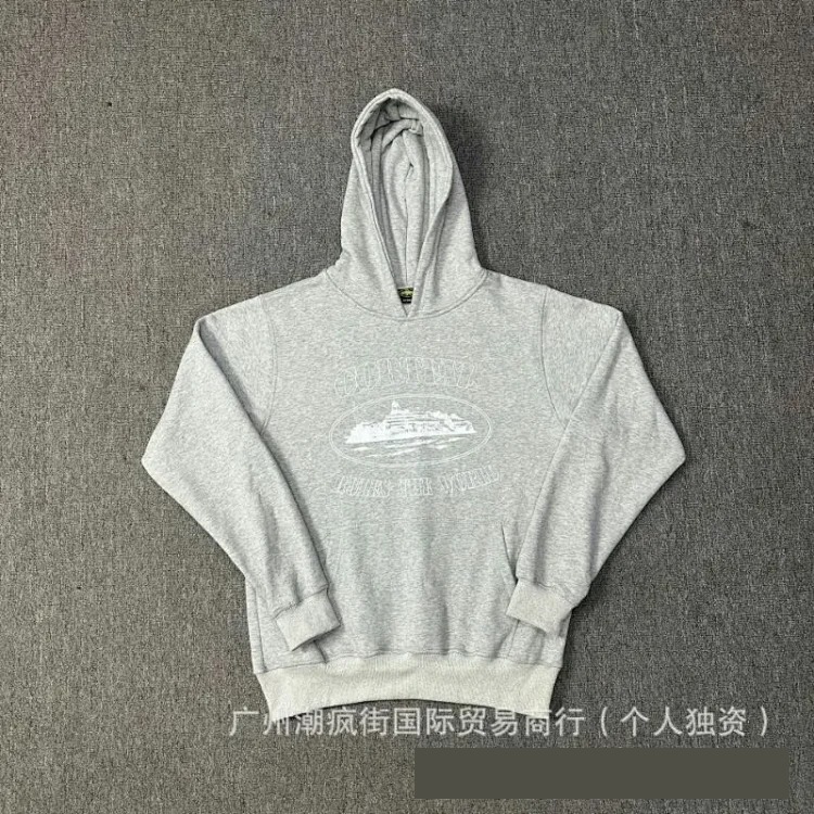 Corteiz classic series ship print logo thin velvet Alcatraz hooded sweatshirt trendy men's and women's casual sweatpants