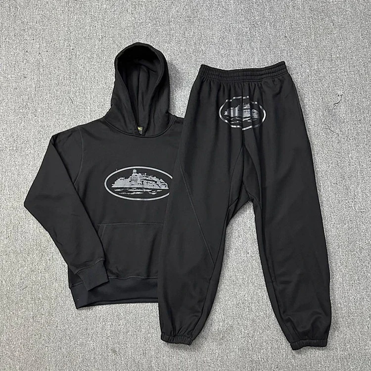 Corteiz classic series ship print logo thin velvet Alcatraz hooded sweatshirt trendy men's and women's casual sweatpants
