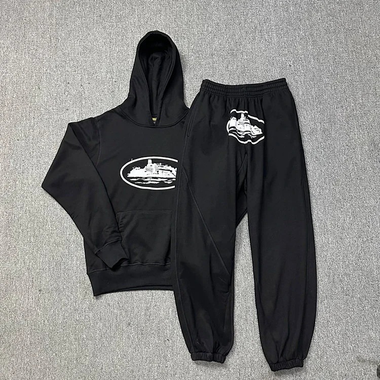 Corteiz classic series ship print logo thin velvet Alcatraz hooded sweatshirt trendy men's and women's casual sweatpants