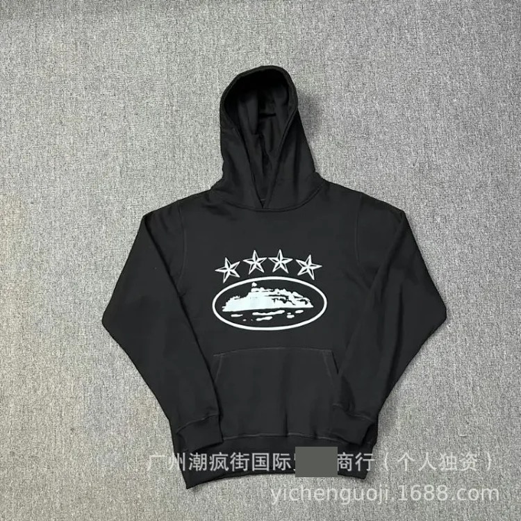 Corteiz classic series ship print logo thin velvet Alcatraz hooded sweatshirt trendy men's and women's casual sweatpants