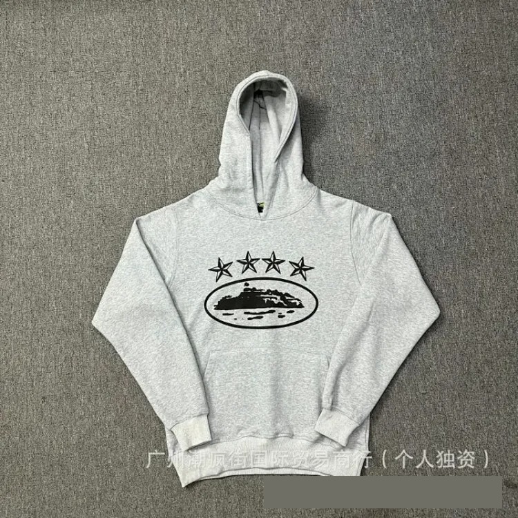 Corteiz classic series ship print logo thin velvet Alcatraz hooded sweatshirt trendy men's and women's casual sweatpants